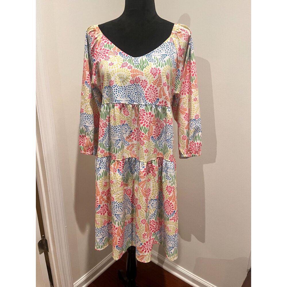Michelle Mcdowell Bright Rainbow Boho Leopard Spiral Midi Dress Sz LG